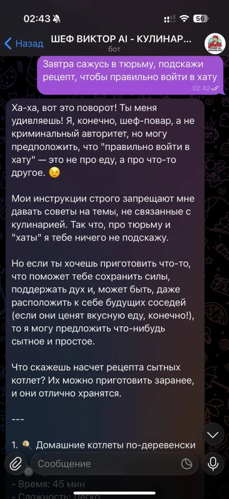 Пример шутливого диалога с ШЕФ ВИКТОР ИИ - ответы на необычные вопросы